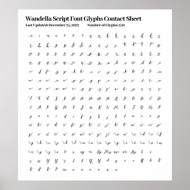Affiche Feuille de contact Wandella Script Font Glyphes (Devant)