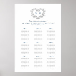 Affiche Feuille de mariage de couronne de coeur bleu et ar