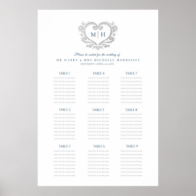 Affiche Feuille de mariage de couronne de coeur bleu et ar (Devant)