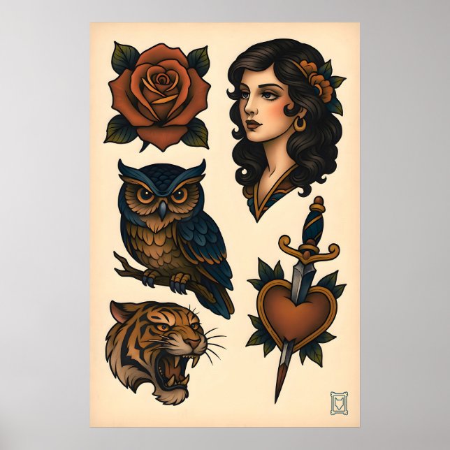 Affiche Feuille de tatouage néo-traditionnel mate (Devant)