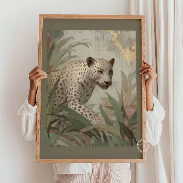 Affiche Feuille d'or Léopard des neiges Vert botanique Sau (Snow Leopard Gold Leaf Botanical Sage Green Poster)