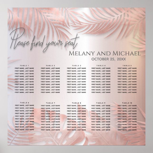 Affiche feuille d'or rose métal tropical feuilles romantiq (Devant)