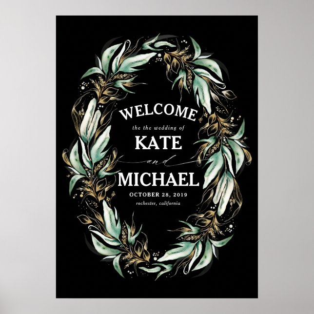 Affiche Feuille d'or vert Mariage noir Bienvenue (Devant)
