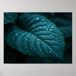 Affiche Feuille Macro Sombre Turquoise Avec Gouttelettes d
