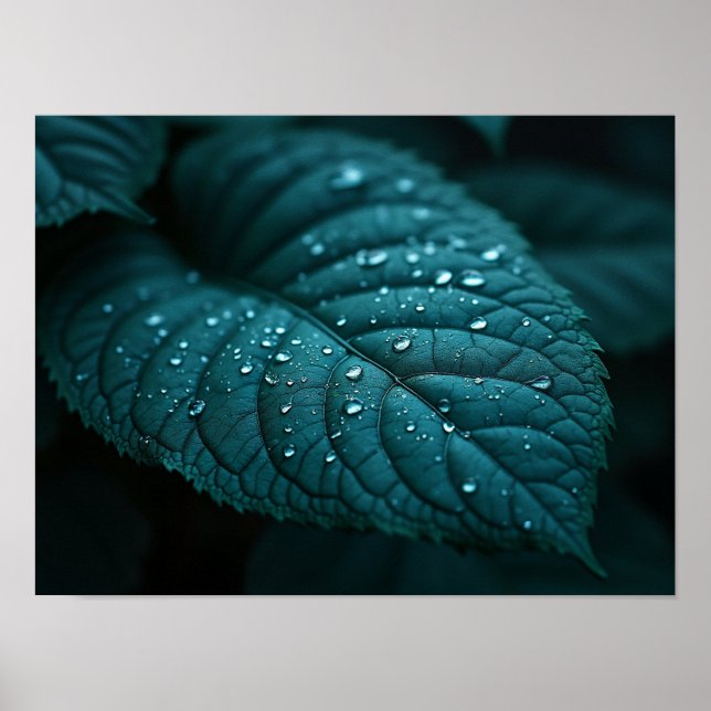 Affiche Feuille Macro Sombre Turquoise Avec Gouttelettes d (Devant)