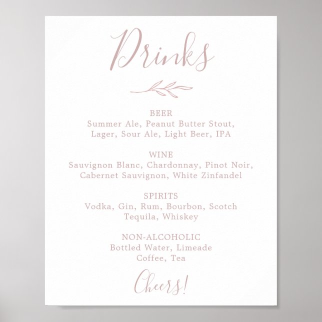 Affiche Feuille minimale | Blush Rose Mariage Boissons Men (Devant)