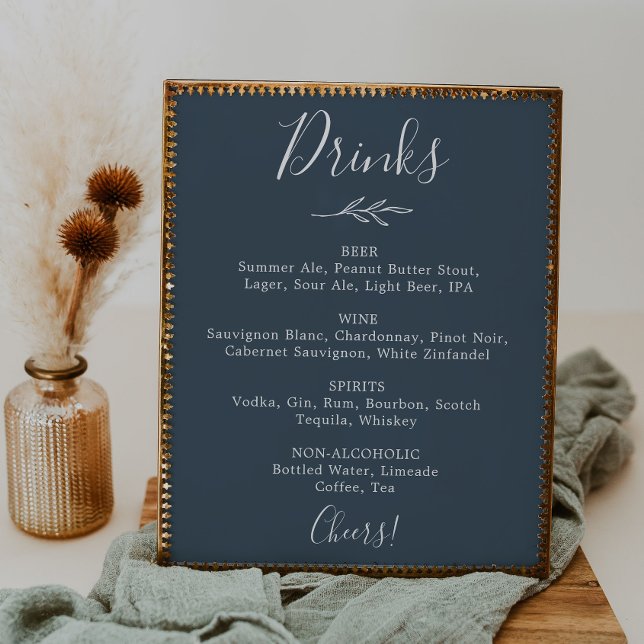 Affiche Feuille minimale | Menu Boissons Mariage bleu ardo (Créateur téléchargé)