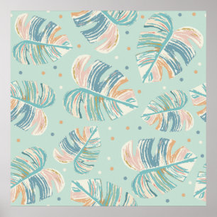 Affiche Feuille Monstera - Turquoise, Vert, Corail, Moutar