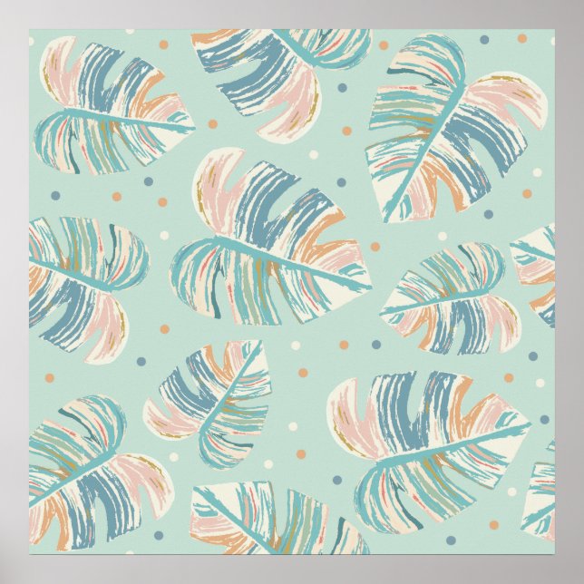 Affiche Feuille Monstera - Turquoise, Vert, Corail, Moutar (Devant)