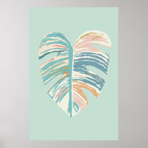 Affiche Feuille Monstera - Turquoise, Vert, Corail, Moutar