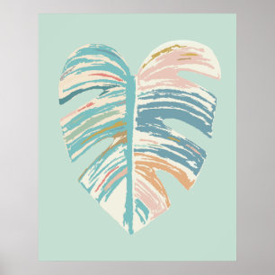 Affiche Feuille Monstera - Turquoise, Vert, Corail, Moutar