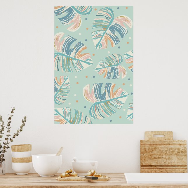 Affiche Feuille Monstera - Turquoise, Vert, Corail, Moutar (Cuisine)