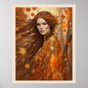 Affiche Feuille qui tombe une femme en automne Orange Gown