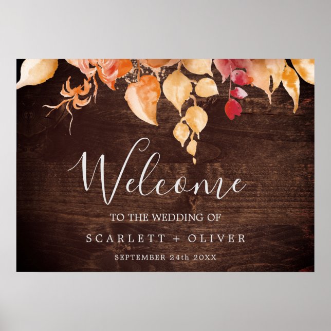 Affiche Feuilles automnales | Rustique Brown Mariage de bi (Devant)