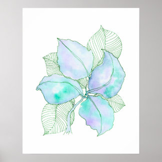 Affiche Feuilles botaniques aquarelle vert menthe lavande
