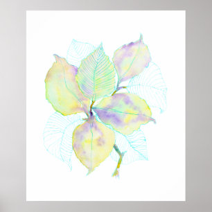Affiche Feuilles botaniques aquarelles jaune vert pastel