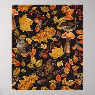 Affiche Feuilles d'automne, baies, champignons et roitelet