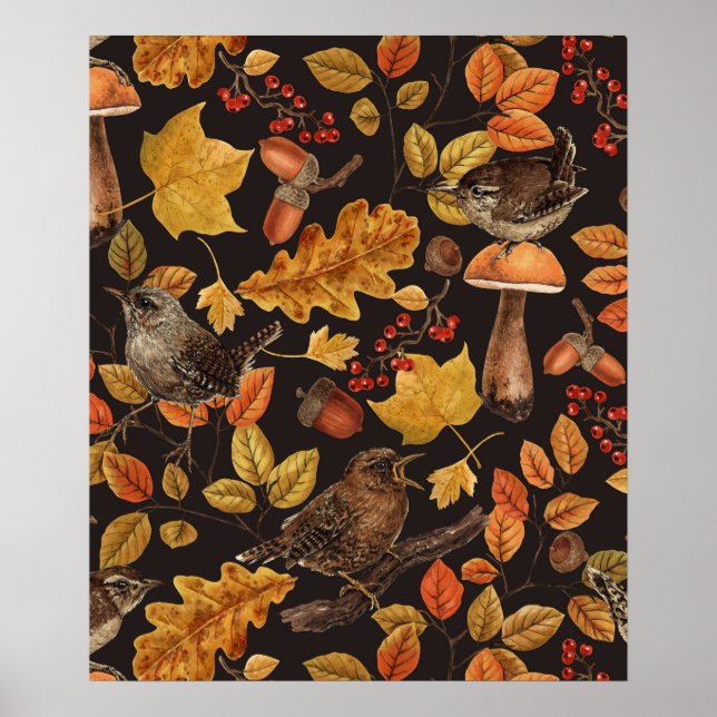 Affiche Feuilles d'automne, baies, champignons et roitelet (Devant)