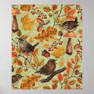 Affiche Feuilles d'automne, baies, champignons et roitelet