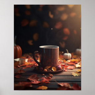 Affiche Feuilles d'automne Citrouilles et café