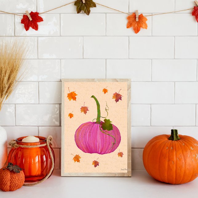 Affiche Feuilles d'automne Citrouilles roses (Pretty Pink Pumpkin with fall leaves in watercolor.)