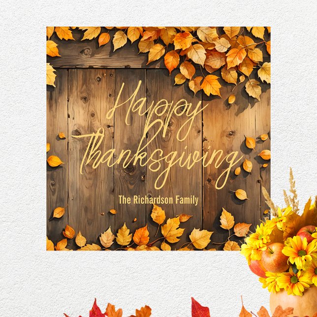 Affiche Feuilles d'automne en bois rustique Bienvenue à Th (Créateur téléchargé)
