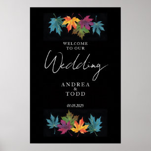 Affiche Feuilles d'automne noir contraste mariage accueil