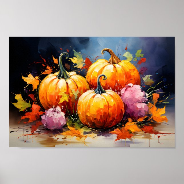 Affiche Feuilles d'automne rustiques Citrouilles colorées (Devant)