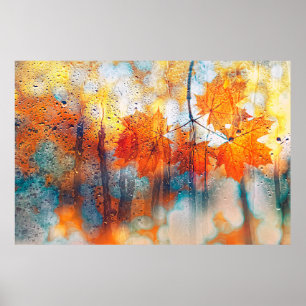 Affiche feuilles d'automne sur la texture de verre pluvieu