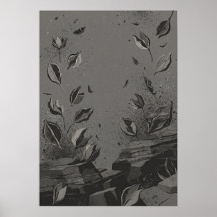 Affiche Feuilles de charbon sur ruines de béton - Art abst