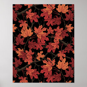 Affiche Feuilles de l'érable d'automne rouge sur fond noir