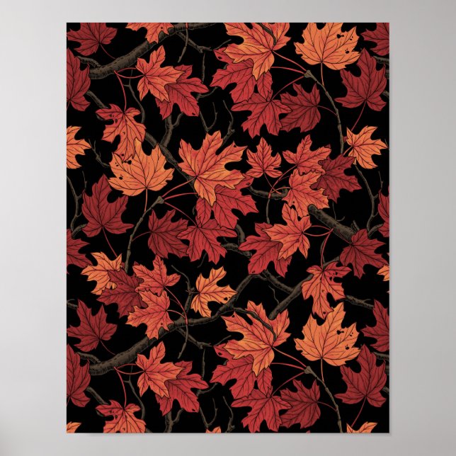 Affiche Feuilles de l'érable d'automne rouge sur fond noir (Devant)
