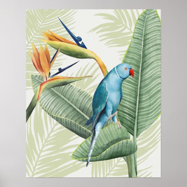 Affiche Feuilles De Palme Avec Oiseau Bleu (Devant)