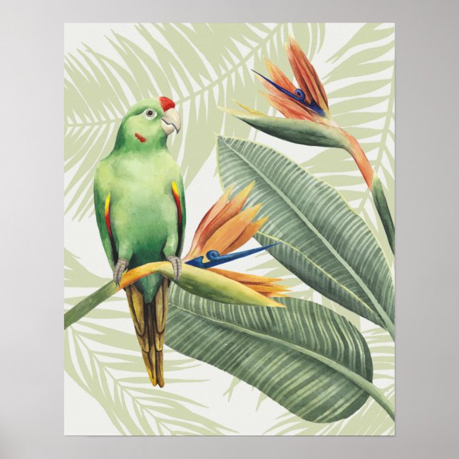 Affiche Feuilles De Palmiers Avec Oiseau Vert (Devant)
