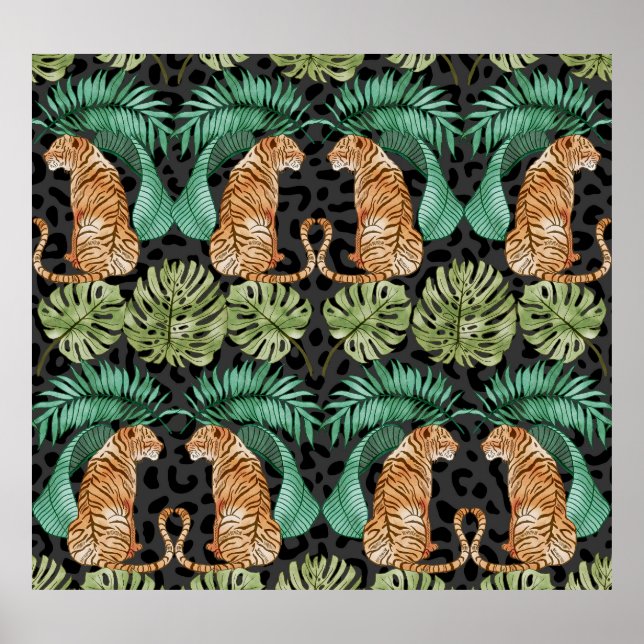 Affiche Feuilles de tigres : Aquarelle Jungle sans joint. (Devant)