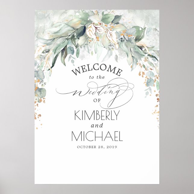 Affiche Feuilles de verdure et d'or Dreamy Mariage Bienven (Devant)