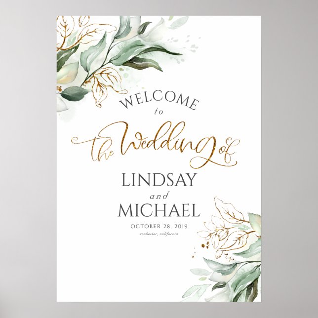 Affiche Feuilles de verdure et d'or Dreamy Mariage Bienven (Devant)