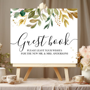 Affiche Feuilles de verdure et gouttes d'or à l'aquarelle 