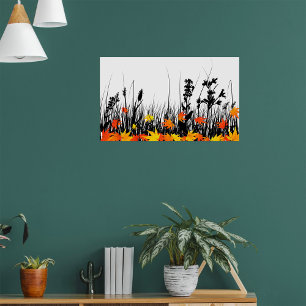 Affiche Feuilles d'érable d'automne et silhouette d'herbe 