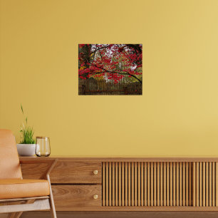 Affiche Feuilles d'érables rouges et photo de clôture en b