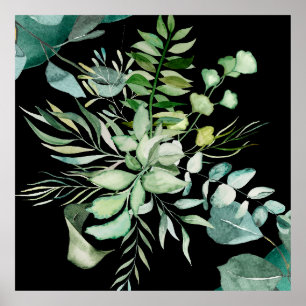Affiche Feuilles et fleurs botaniques à l'aquarelle verte