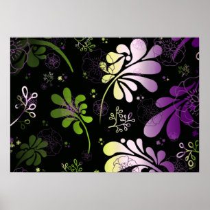 Affiche Feuilles et fleurs colorés stylisés sur noir