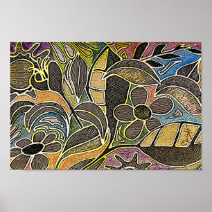 Affiche Feuilles et fleurs sculptés à la main - en bleu or