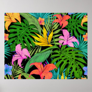 Affiche Feuilles Florales Tropicales d'Été Colorées Élégan