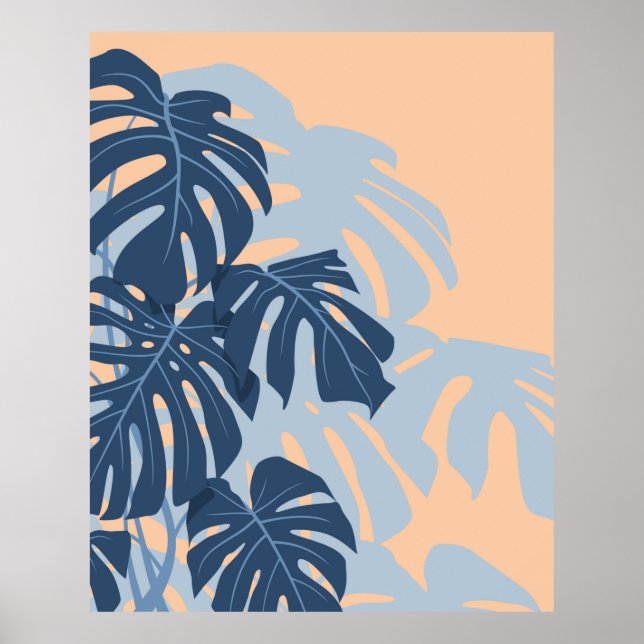 Affiche Feuilles Monstera (Bleu et Peachy) (Devant)