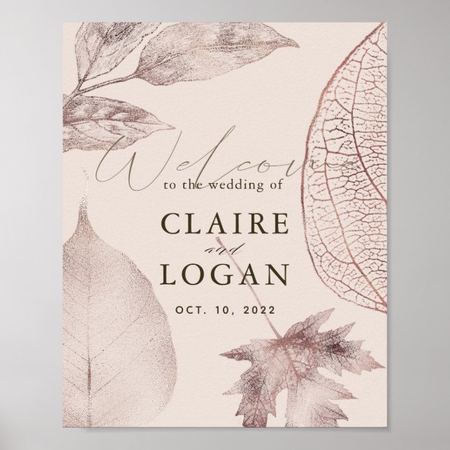 Affiche Feuilles rose or rose beige Mariage bienvenue (Devant)