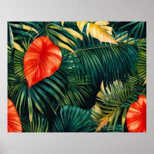 Affiche Feuilles tropicales colorées et fleurs d'Hibiscus