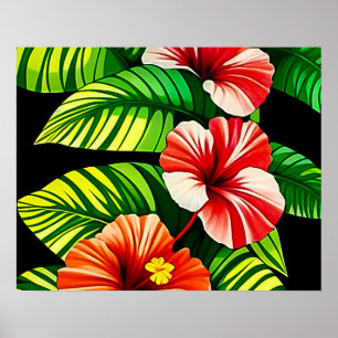 Affiche Feuilles tropicales colorées et fleurs d'Hibiscus
