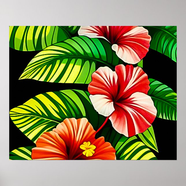 Affiche Feuilles tropicales colorées et fleurs d'Hibiscus  (Devant)