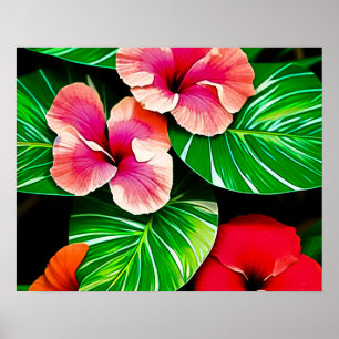 Affiche Feuilles tropicales colorées et fleurs d'Hibiscus